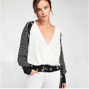 Free People Auxton Thermal Wrap Top Black White Waffle‎ Knit Size Small